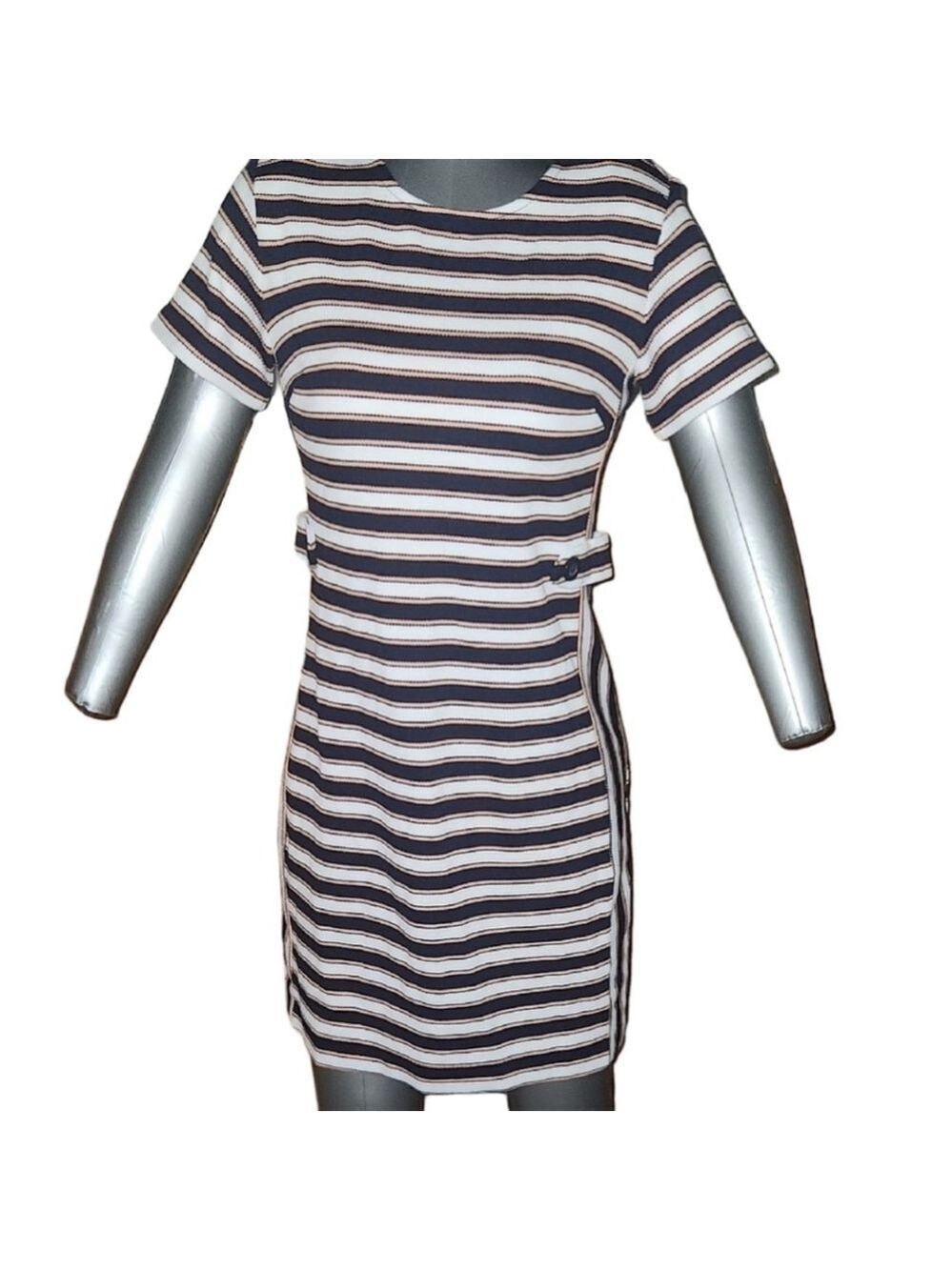 Banana Republic Navy Peach Striped Petite Sheath Dress Short Sleeve Size 2